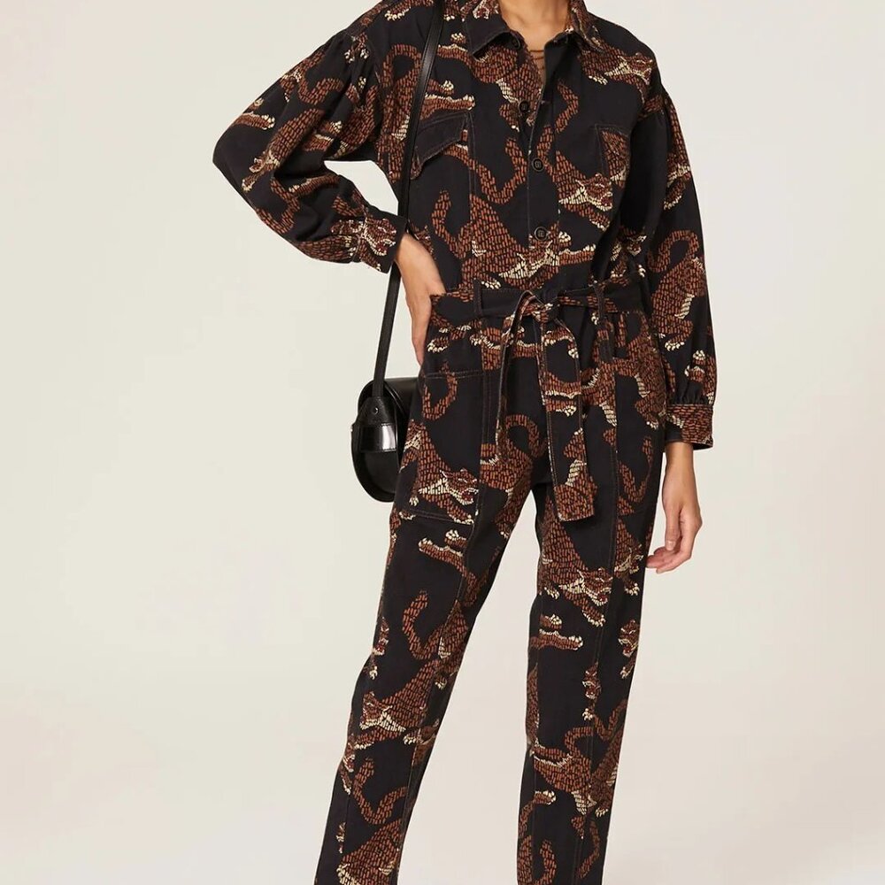 Farm Rio black canvas leopard tiger puff sleeve jumpsuit pockets L USED